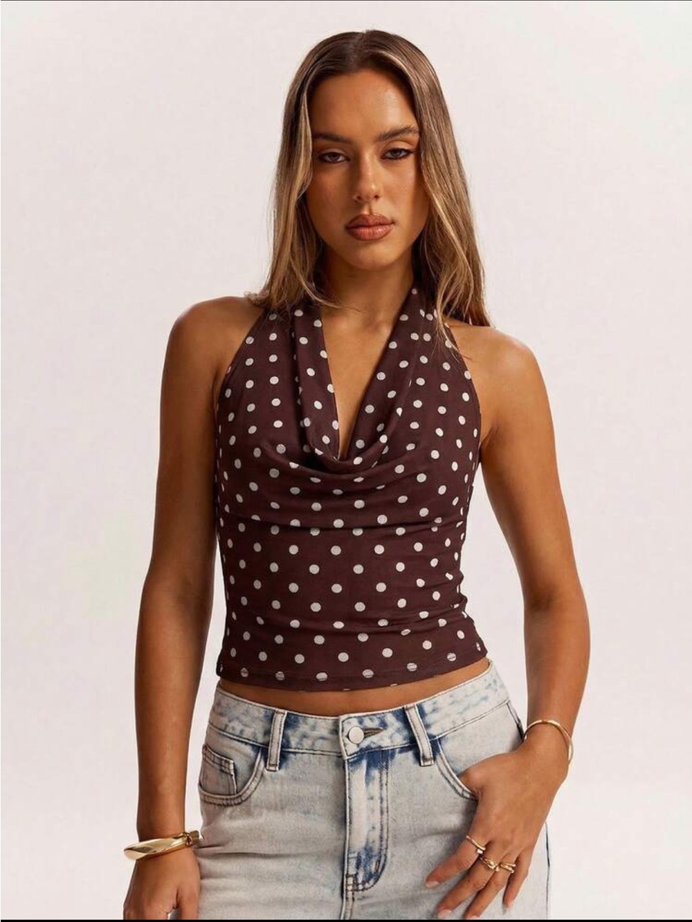 Polka Dot Cowl Neck Sleeveless Top in Brown